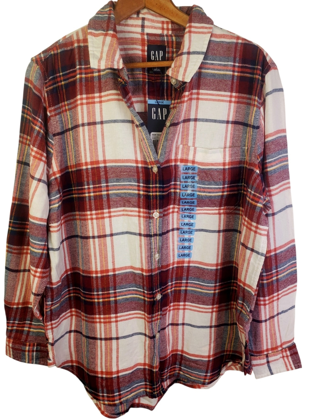 NWT GAP Boyfriend Flannel Shirt Plaid Red White Large #377